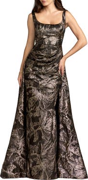 Mac Duggal Brocade Sleeveless Square Neck Gown With Overskirt
