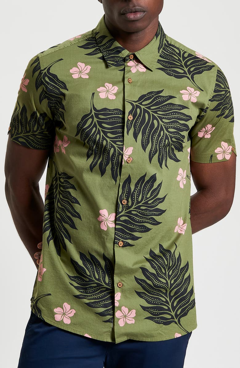 Ben Sherman Leaf Print Short Sleeve Cotton Button-Up Shirt, Main, color, 