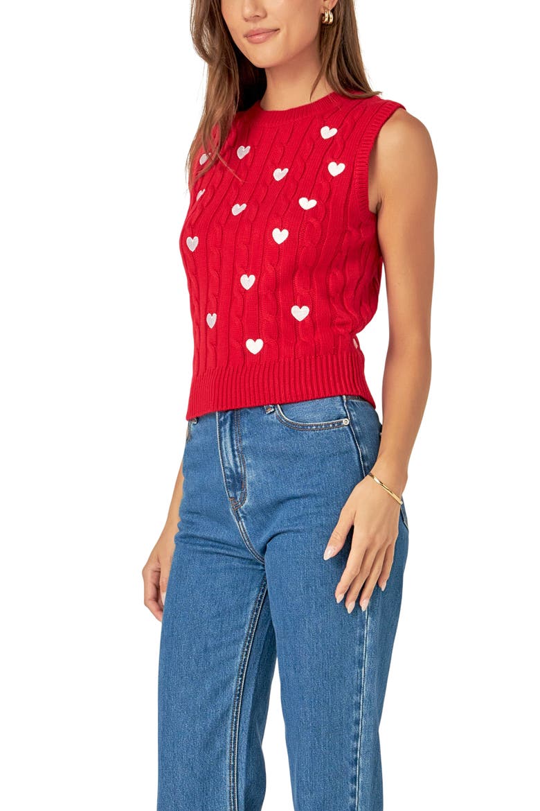 Heart Embroidered Sleeveless Cable Sweater, Alternate, color, RED
