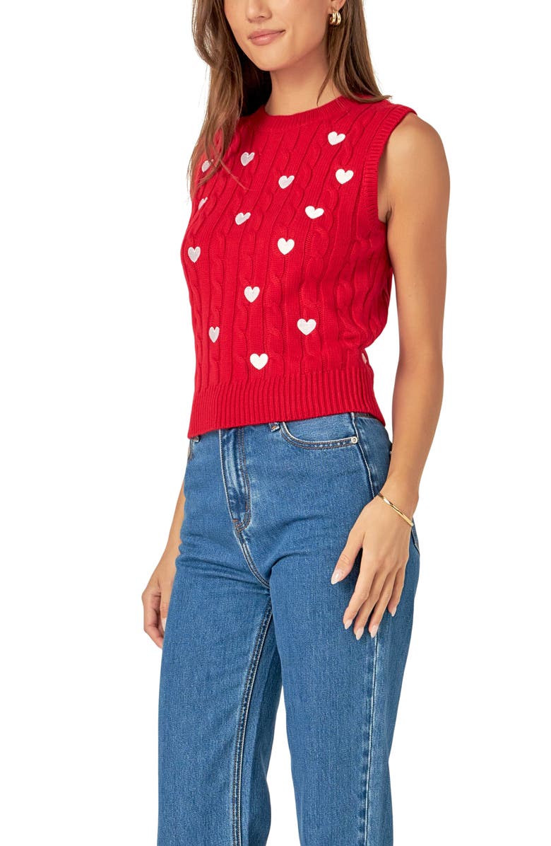 English Factory Heart Embroidered Sleeveless Cable Sweater, Alternate, color, Red