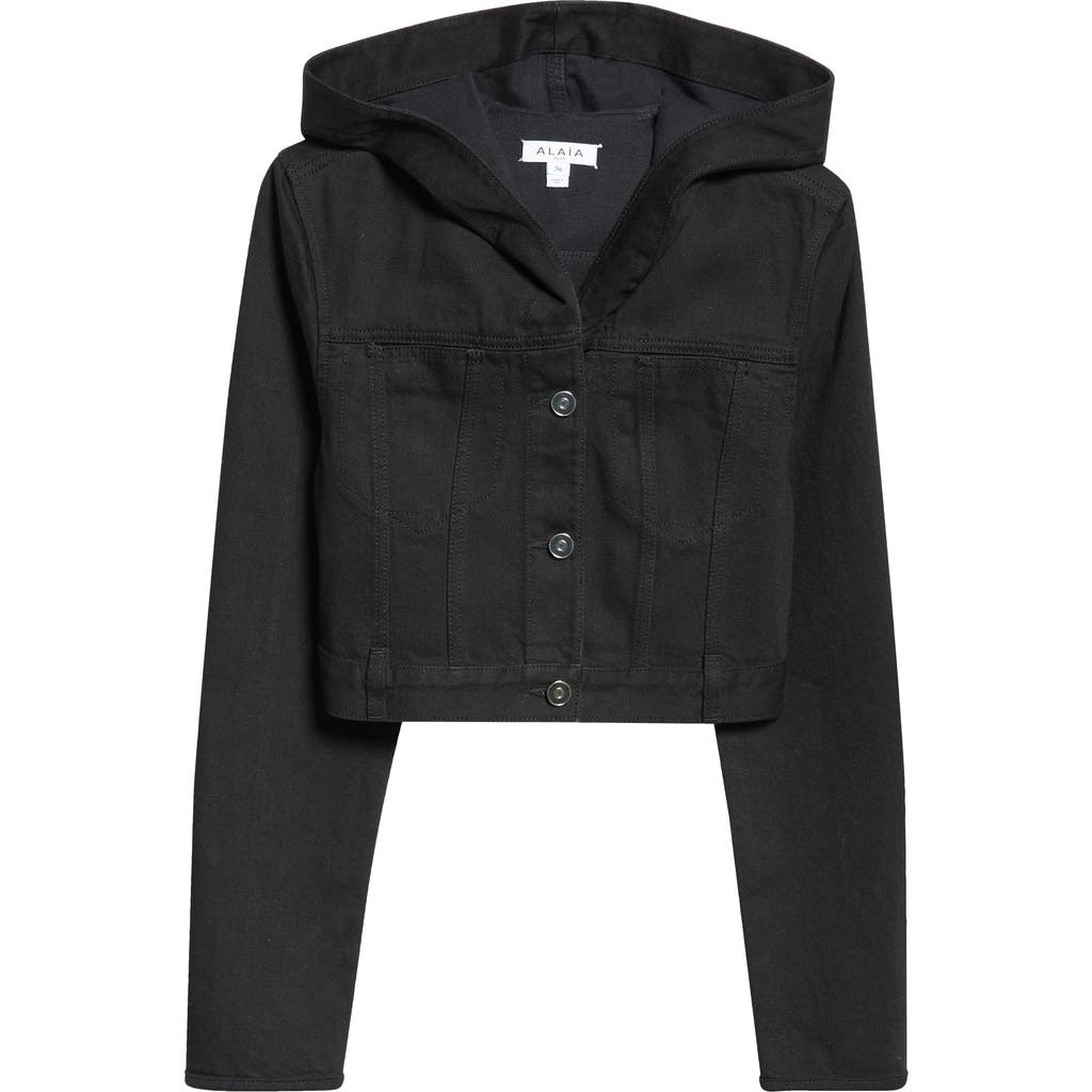 Shop Alaïa Crop Hooded Denim Jacket In Noir Alaia