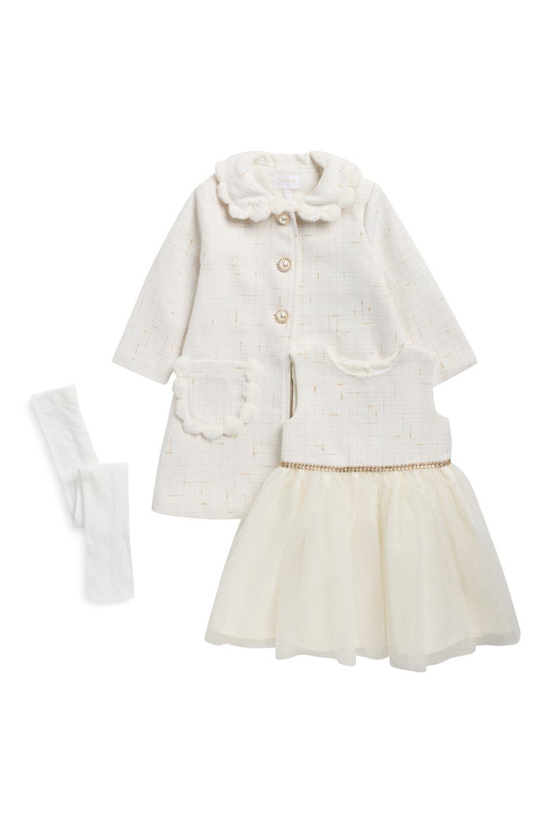Kids' Boucle Coat, Dress & Tights Set, Main, color, CREAM