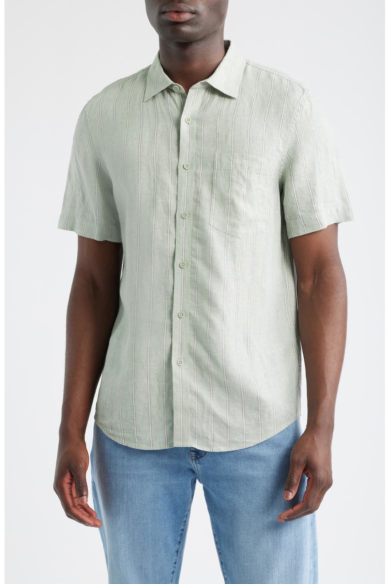 Stripe Short Sleeve Linen Button-Up Shirt, Main, color, GREEN BAND STRIPE