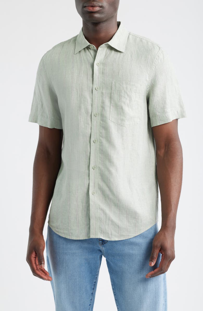 Nordstrom Stripe Short Sleeve Linen Button-Up Shirt, Main, color, Green Band Stripe