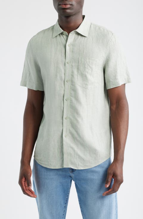 Stripe Short Sleeve Linen Button-Up Shirt