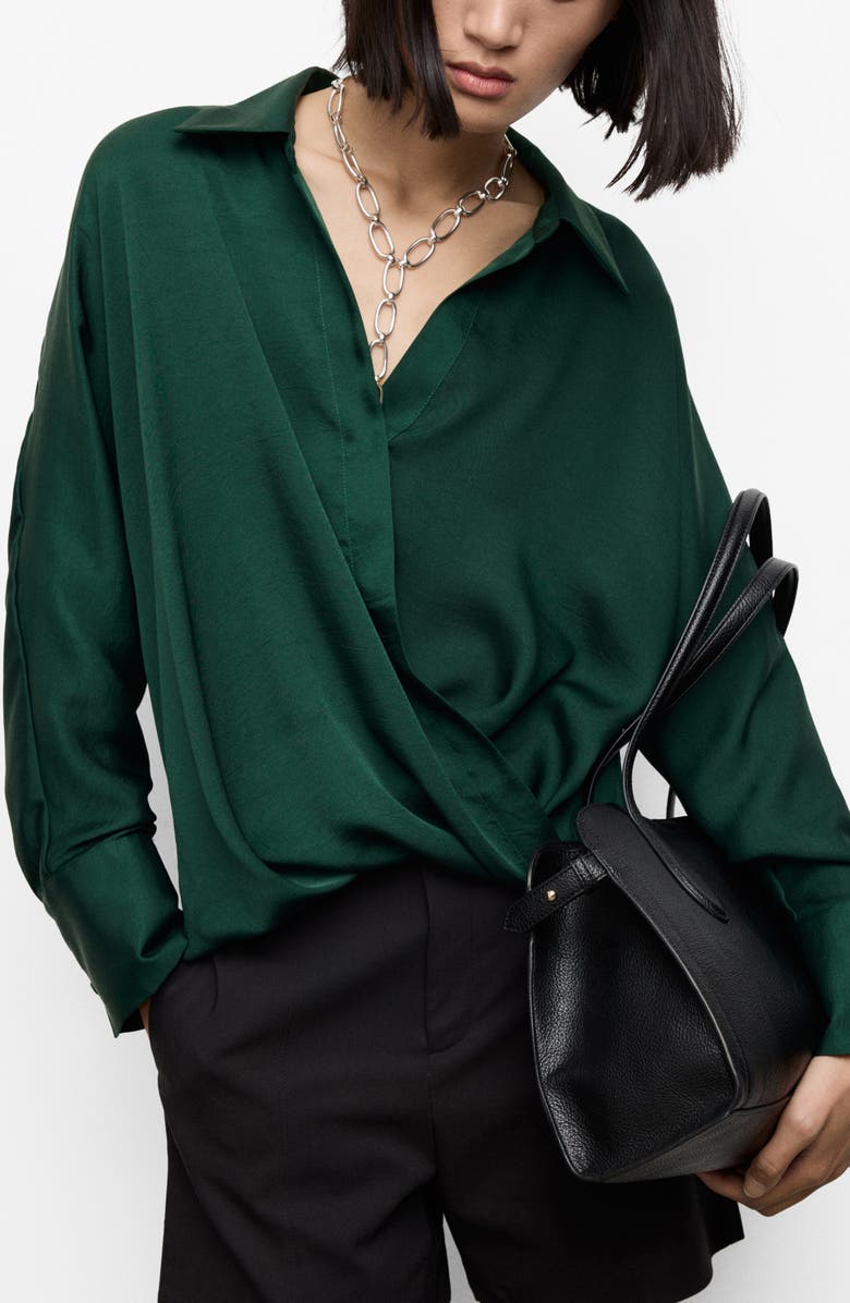 MANGO Wrap Front Satin Top, Main, color, Billiard Green