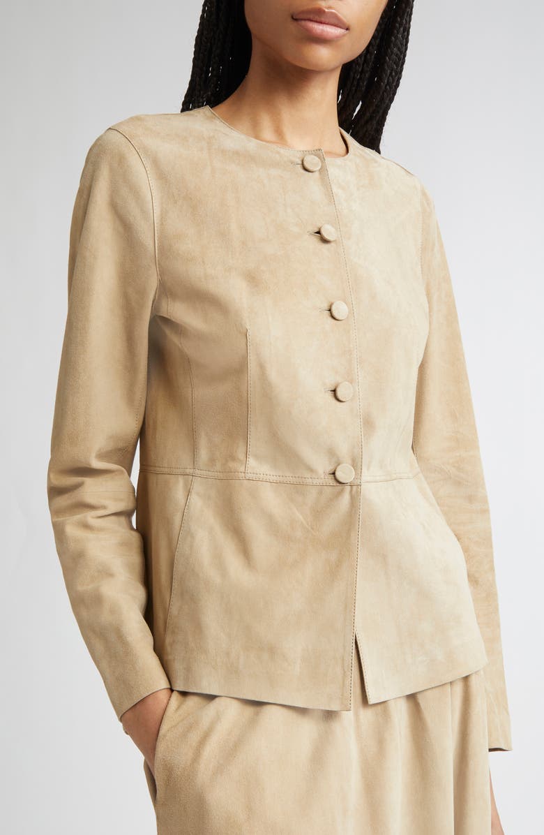 Lafayette 148 New York Peplum Paperfine Suede Jacket, Alternate, color, Clay