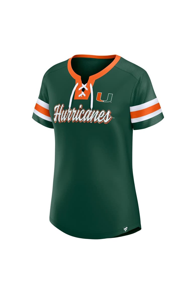 Women's Fanatics  Green Miami Hurricanes Iconic Athena Lace-Up T-Shirt, Alternate, color, Green