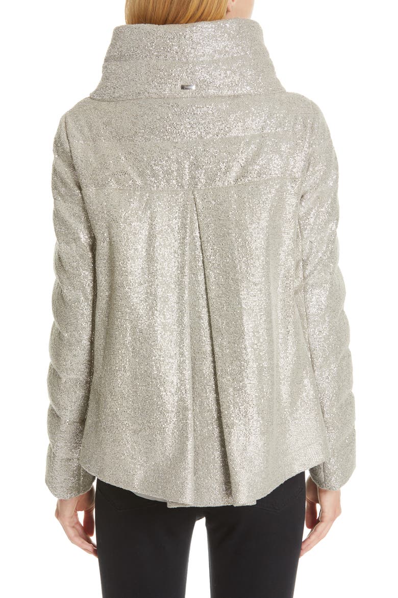 Pleat Back Quilted Down Sparkle Knit Jacket, Alternate, color, SILVER
