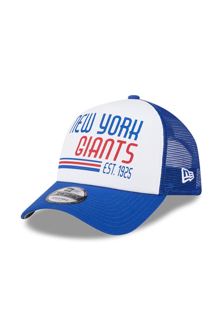 Men's New Era White/Royal New York Giants Stacked A-Frame Trucker 9FORTY Adjustable Hat, Main, color, White