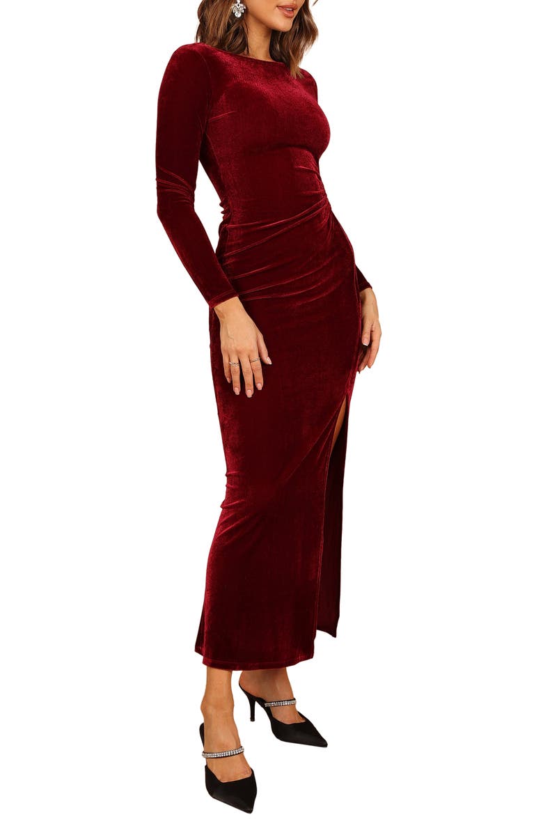 Petal & Pup Sarine Cutout Long Sleeve Velvet Maxi Cocktail Dress, Alternate, color, Wine