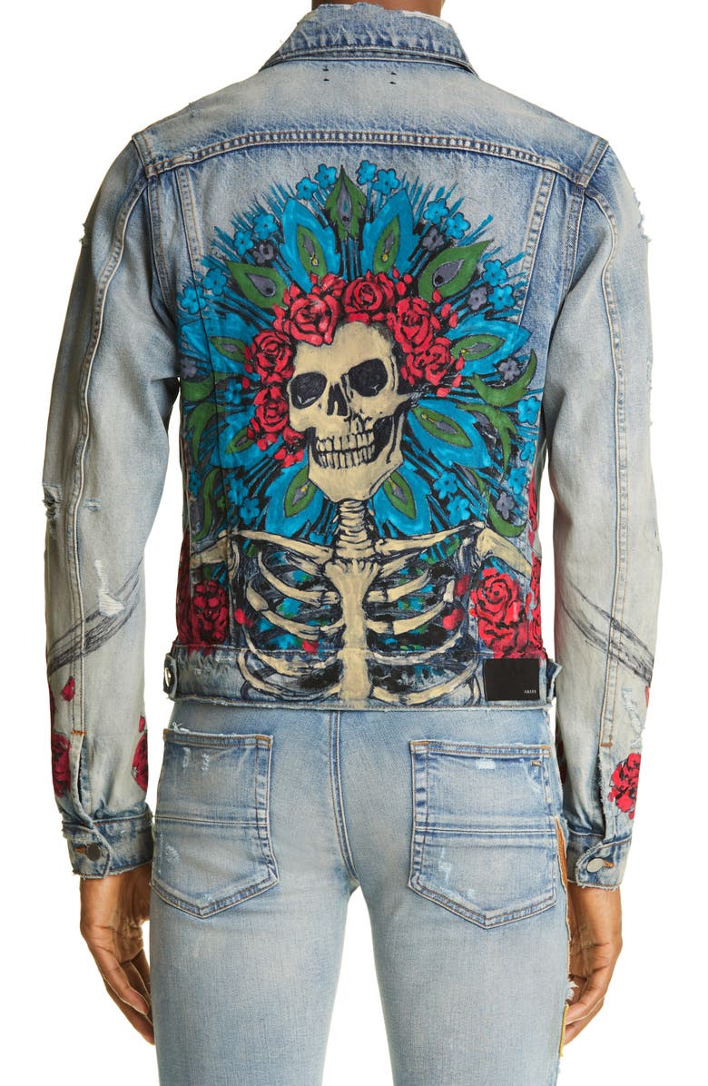 AMIRI Grateful Dead Skull & Roses Denim Trucker Jacket, Alternate, color, 