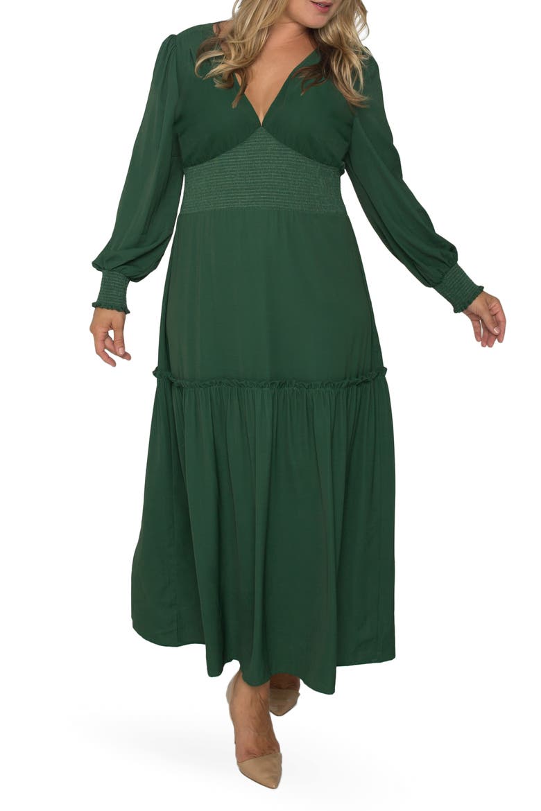 Floral Smock Waist Long Sleeve Georgette Maxi Dress, Main, color, GREEN