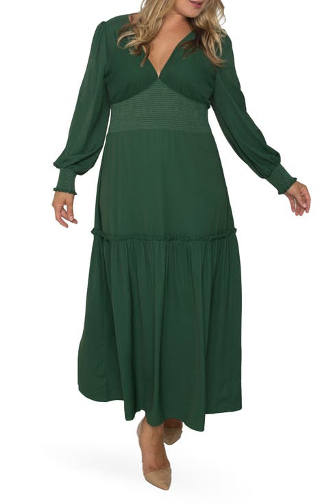 Floral Smock Waist Long Sleeve Georgette Maxi Dress (Plus Size)