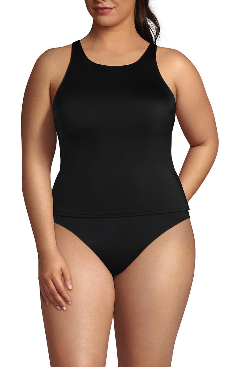 Lands' End Tugless High Neck Strappy Back Tankini Swimsuit Top, Main, color, Black
