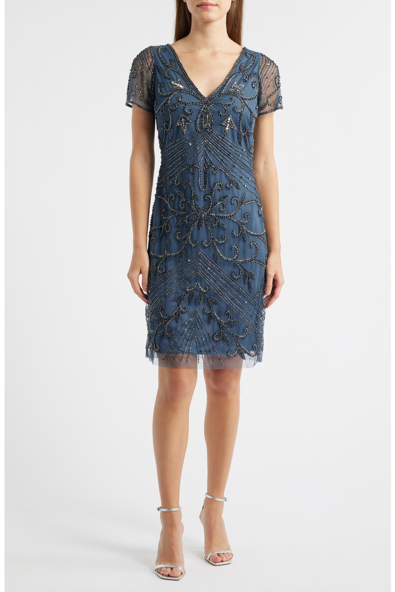 Beaded Double V-Neck Dress, Main, color, GREY