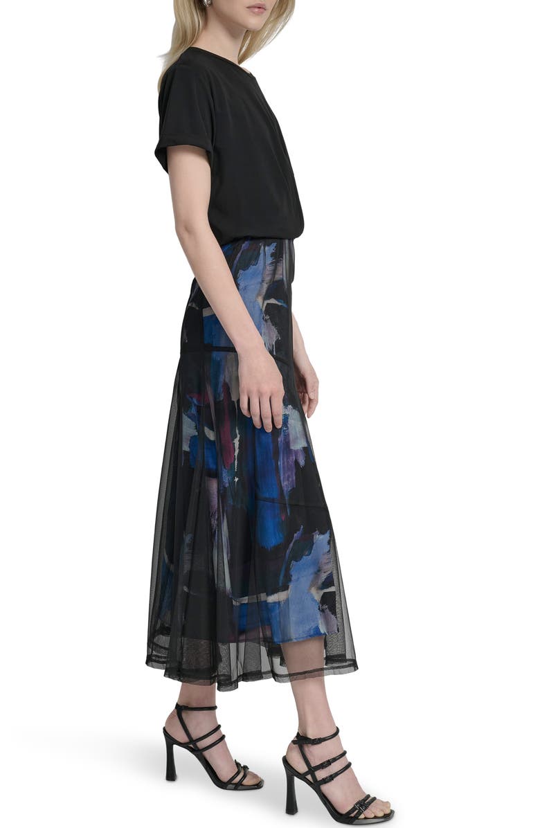 DKNY Print Skirt Mixed Media Dress, Alternate, color, Blue Brush