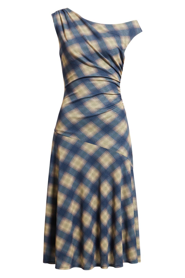 Delores Off the Shoulder Midi Dress, Alternate, color, NAVY SAGE PLAID
