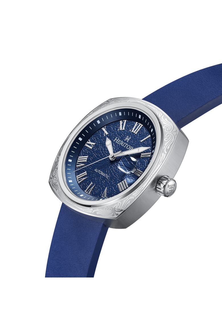 Davenport Engraved-Case Leather-Band Watch w/ Date, Alternate, color, Silver/Blue