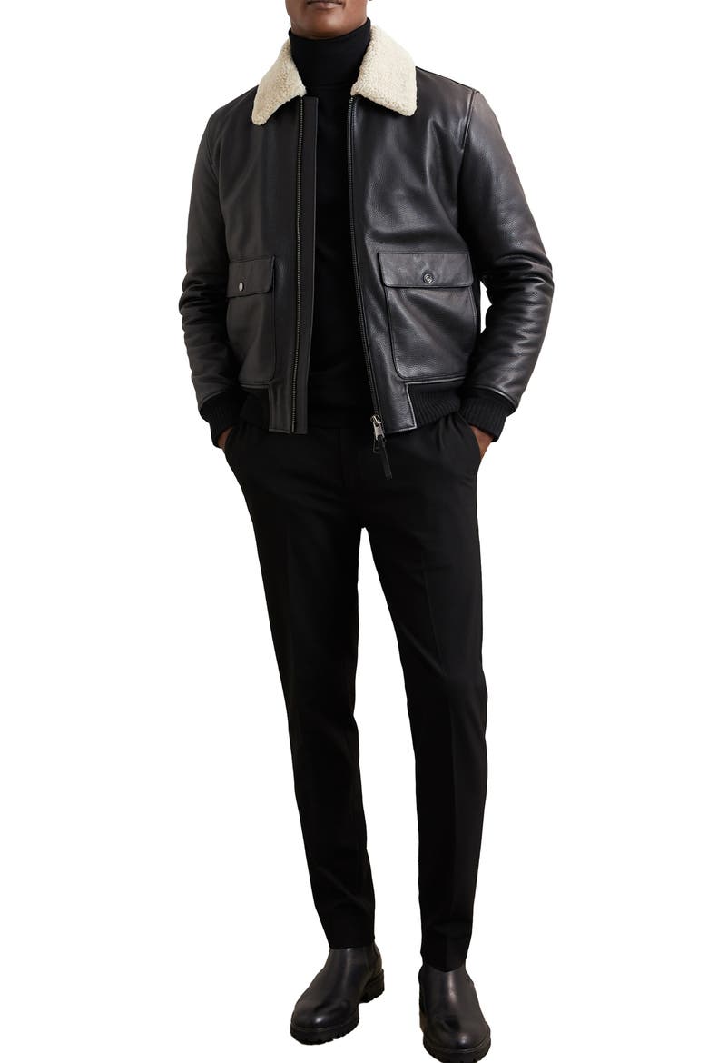 Shaker Shearling Collar Leather Bomber Jacket, Alternate, color, BLACK
