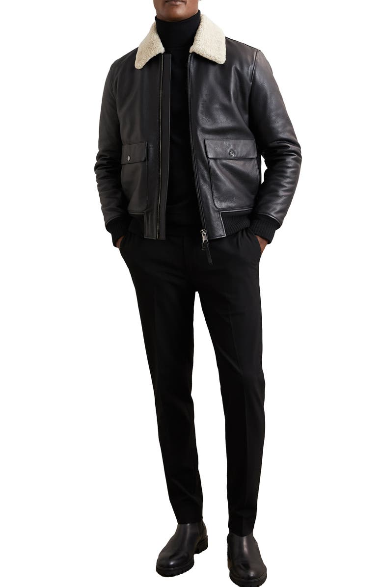 Reiss Shaker Shearling Collar Leather Bomber Jacket, Alternate, color, Black