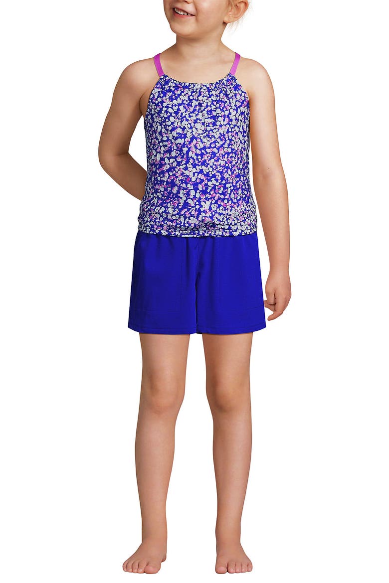 Girls Chlorine Resistant Tankini Top Woven Short Set, Main, color, Electric Blue Mosaic Dot