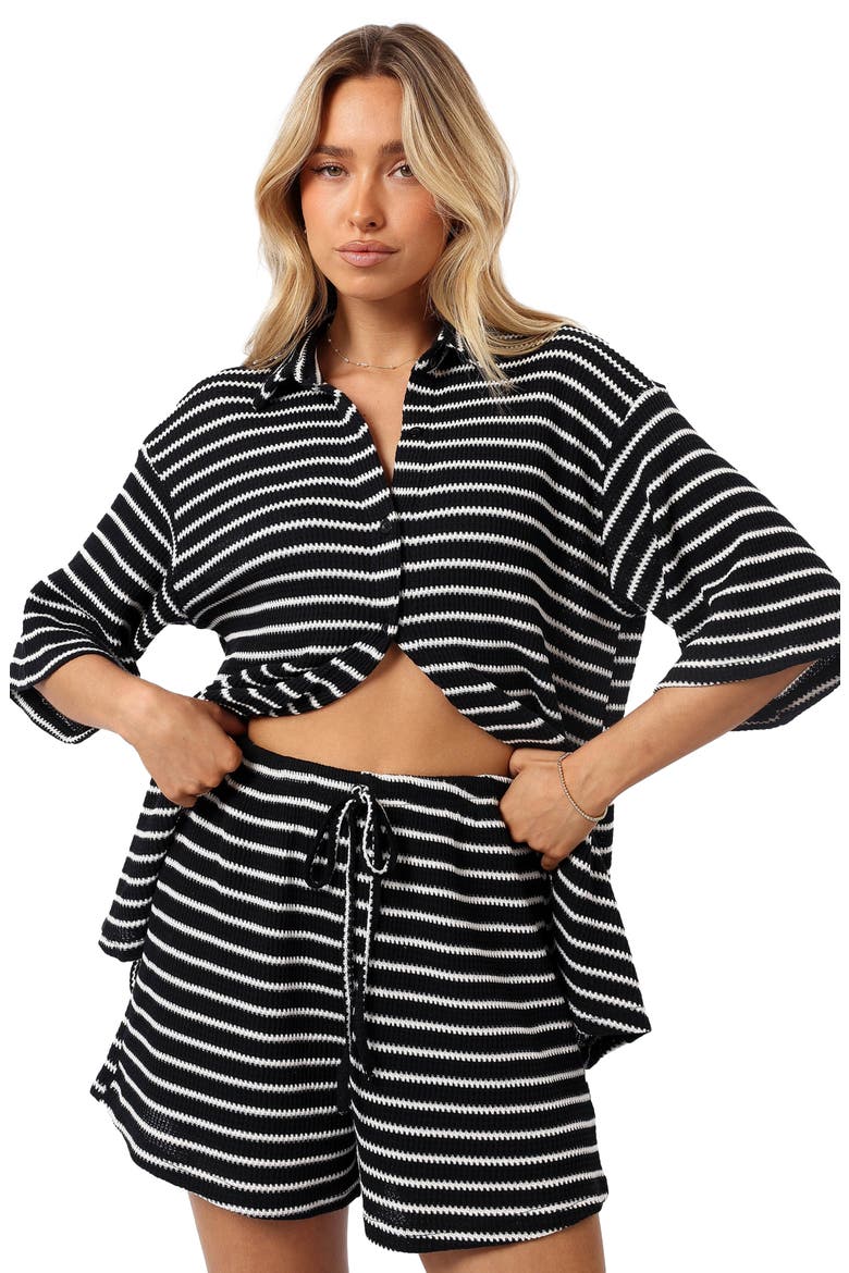 Linnea Stripe Cotton Knit Button-Up Shirt & Shorts Set, Alternate, color, BLACK WHITE