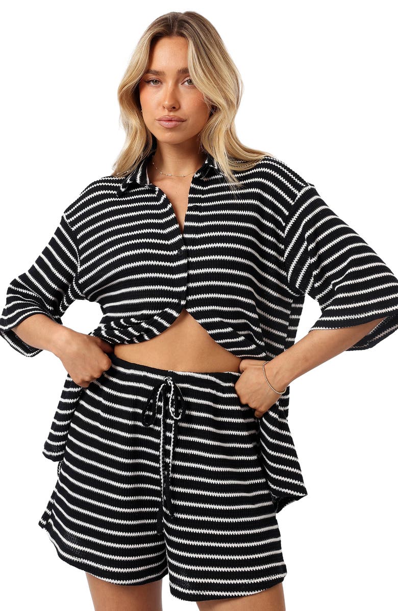 Petal & Pup Linnea Stripe Cotton Knit Button-Up Shirt & Shorts Set, Alternate, color, Black White