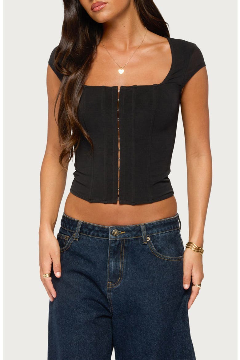Airlie Hook & Eye Mesh Corset Top, Main, color, BLACK
