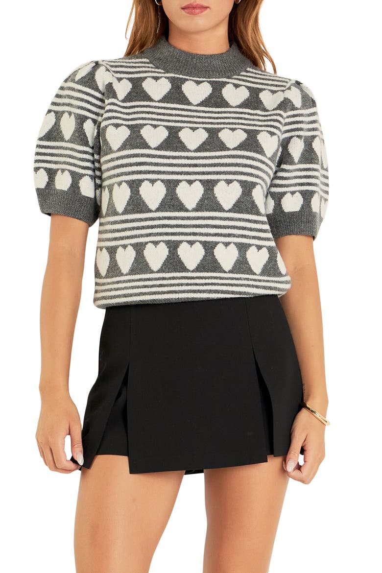 Heart Stripe Puff Sleeve Sweater, Main, color, CHARCOAL/ WHITE