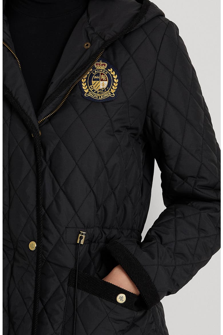 Quilted Crest Hooded Coat, Alternate, color, BLACK