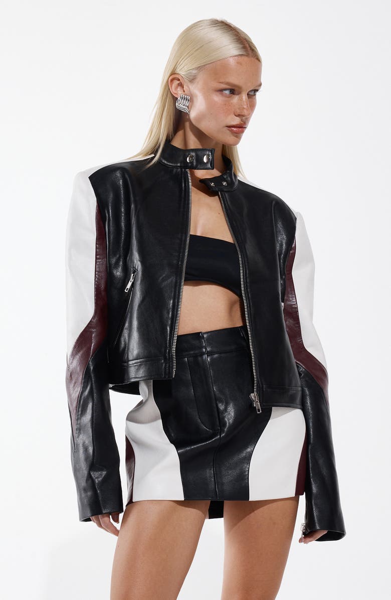 BY.DYLN Rhiannon Colorblock Faux Leather Biker Jacket, Alternate, color, Black