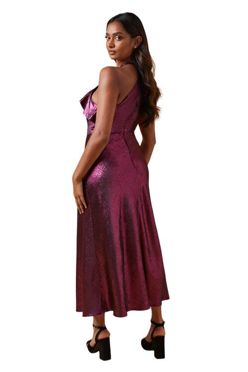 Oasis Foil Halterneck Ruffle Foil Midaxi Dress In Pink