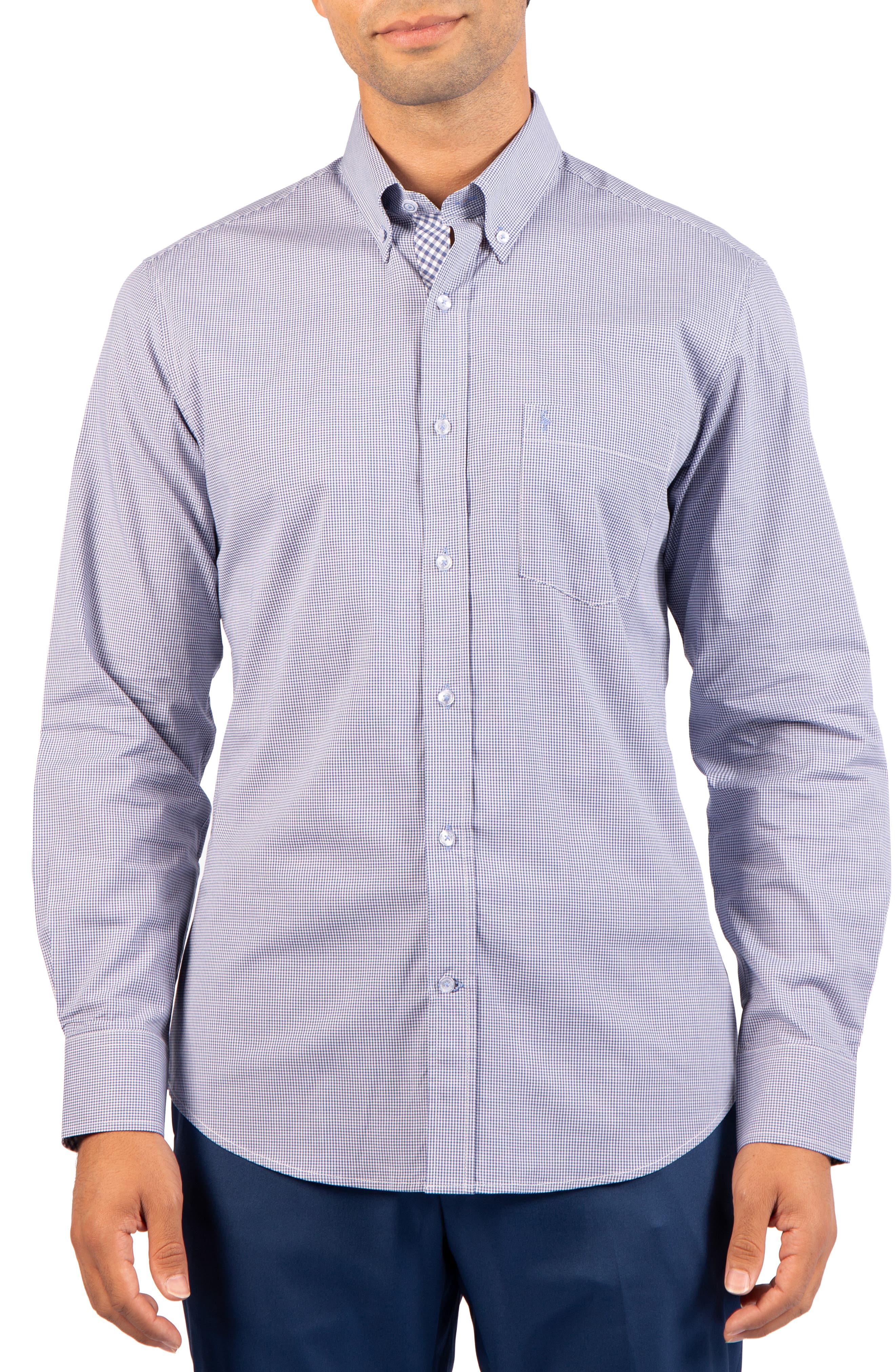 Tailorbyrd Micro Gingham Stretch Cotton Button-up Shirt In Gray Blue