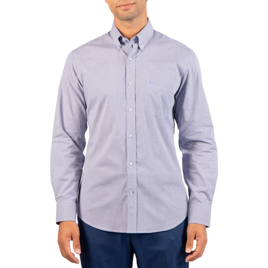 Tailorbyrd Micro Gingham Stretch Cotton Button-up Shirt In Gray Blue