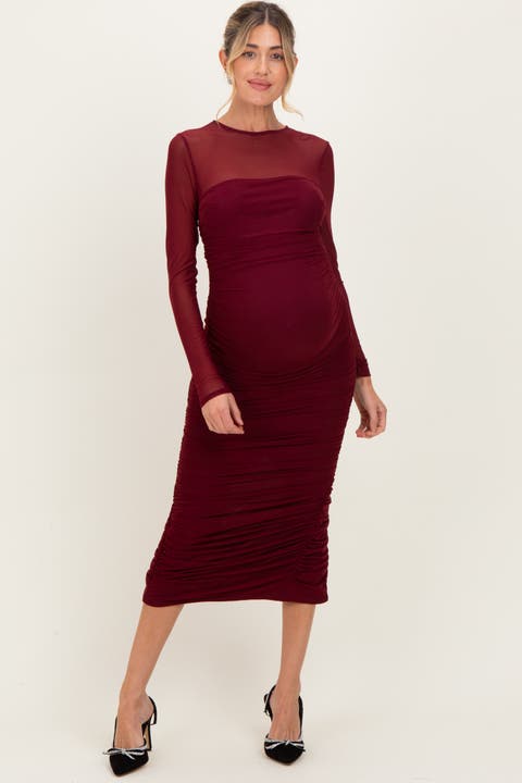 Mesh Ruched Long Sleeve Midi Dress