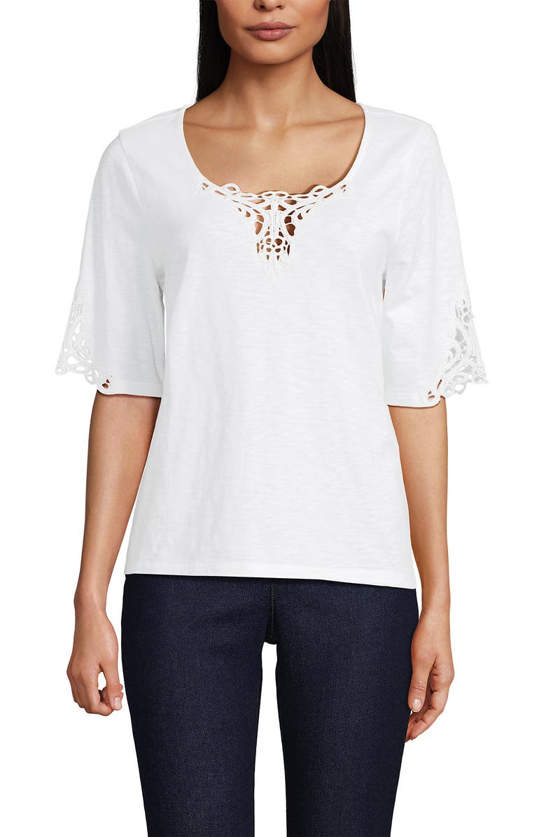 Lands' End Elbow Sleeve Slub Lace Trim T-Shirt, Main, color, 