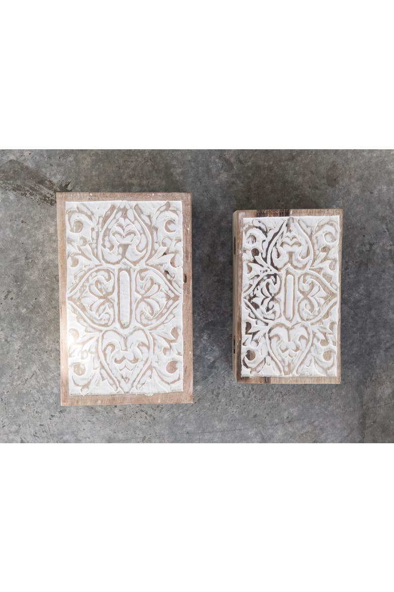 Handcarved & Whitewashed Mango Wood Boxes, Set of 2, Alternate, color, White Washed