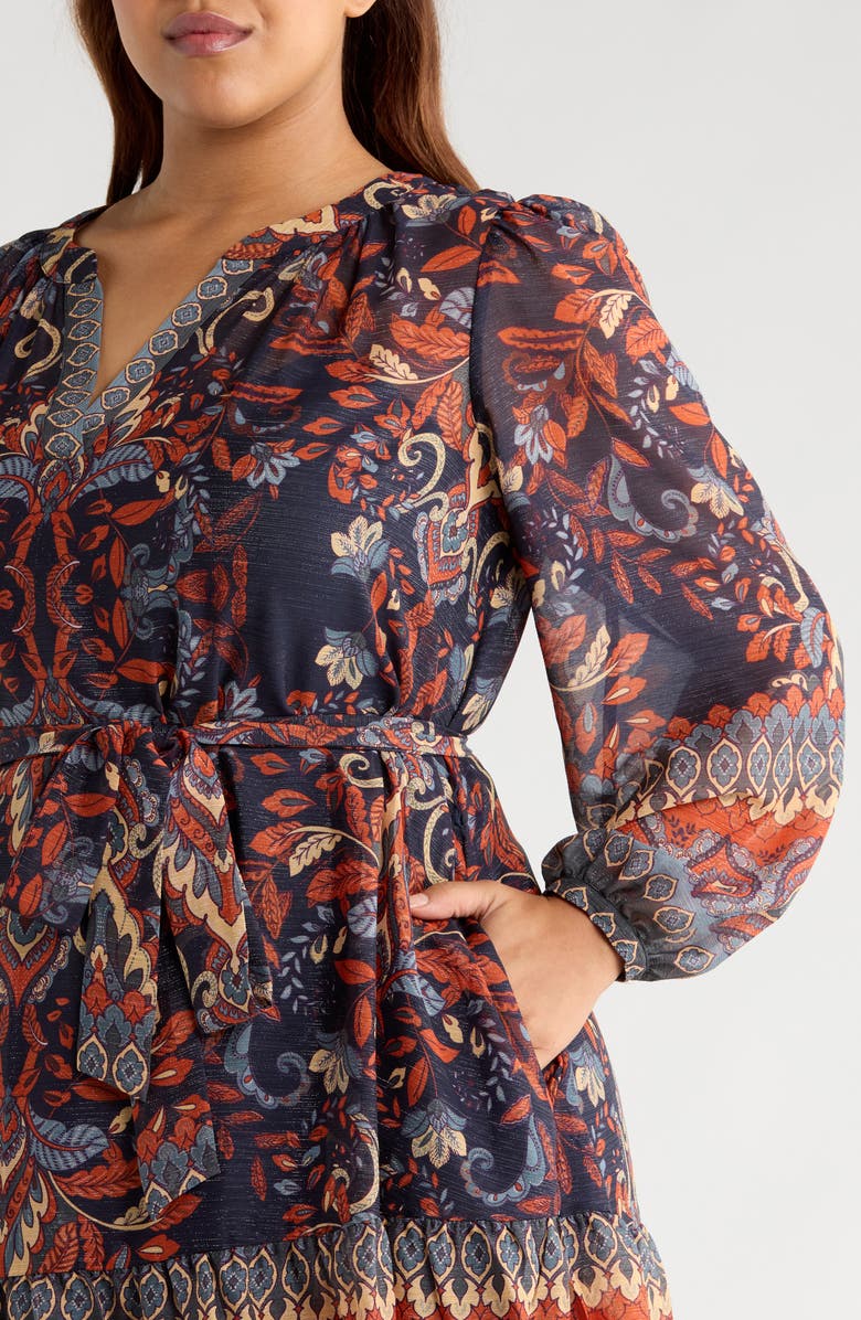 Julia Jordan Metallic Belted Long Sleeve Chiffon Dress, Alternate, color, Navy Orange