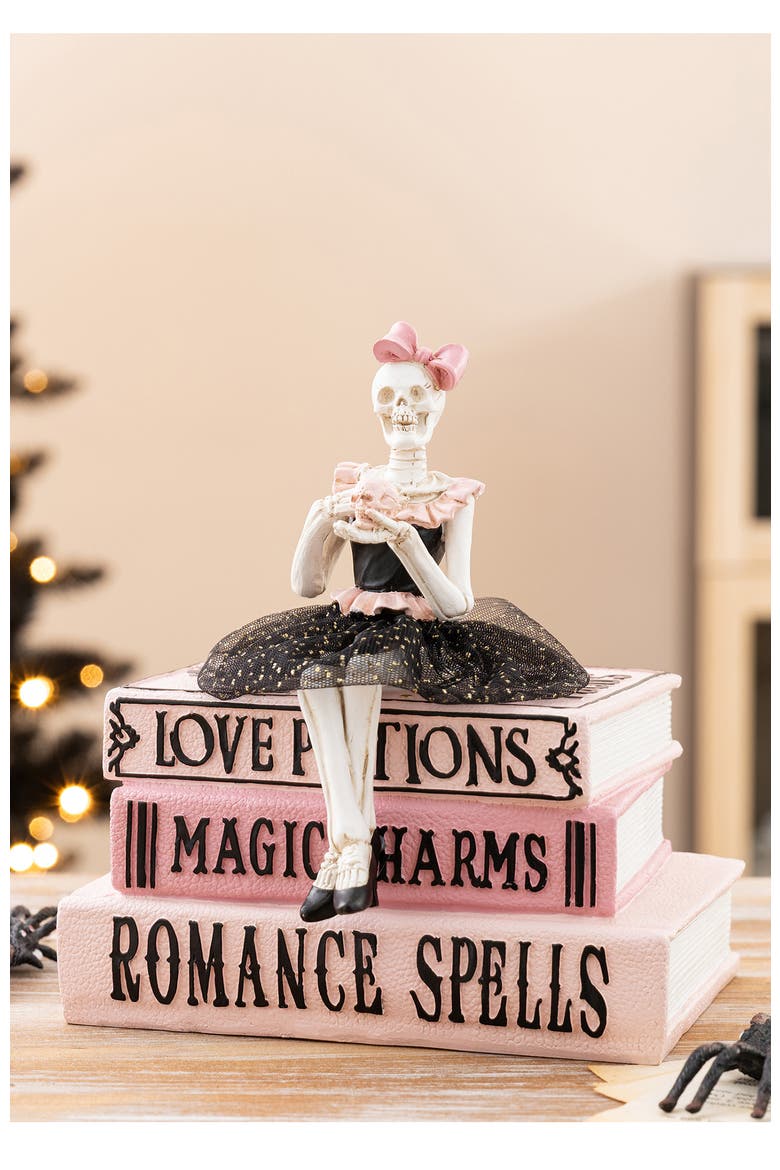 Halloween Polyresin Pink Skeleton Ballerina on Books Table Decor, Alternate, color, Pink