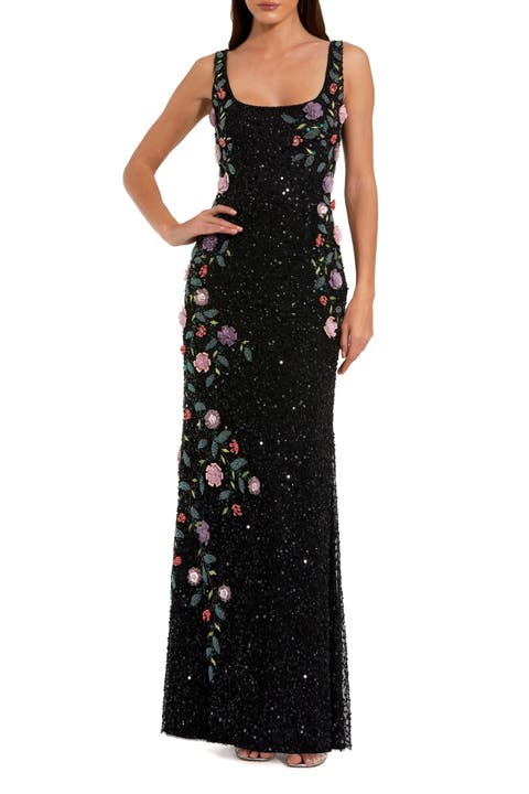 Petite Floral Beaded Scoop Neck Sleeveless Gown