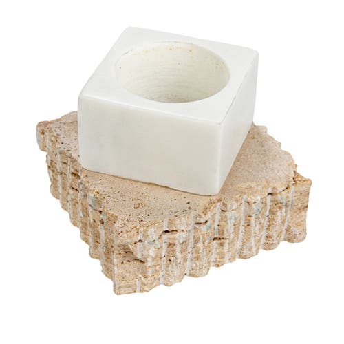 Storied Home Decorative Marble And Travertine Candle Holder, White And Natural