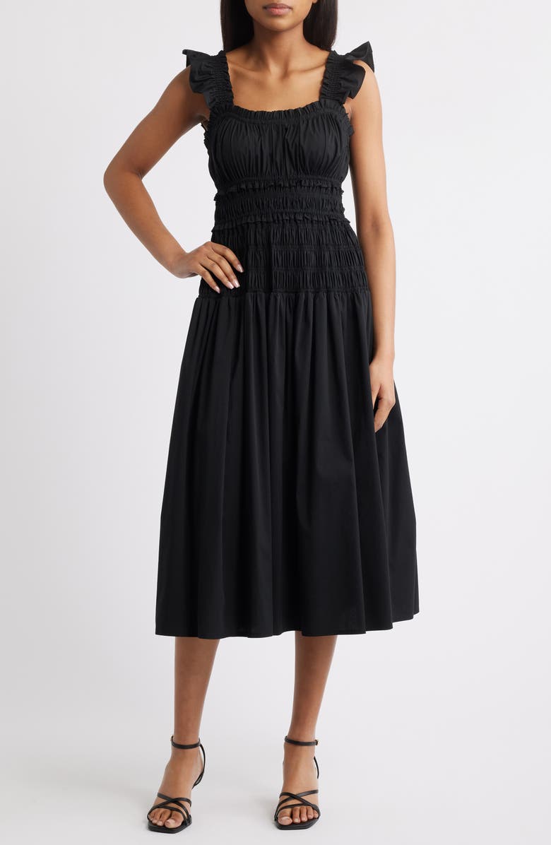 Anne Klein Smocked Ruffle Trim Midi Dress, Main, color, 