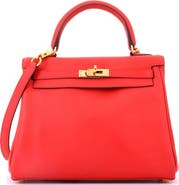 Pre-Owned Hermes Kelly Handbag Red Swift with Gold Hardware 25