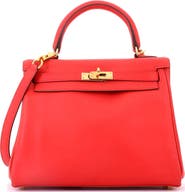 Pre-Owned Hermes Kelly Handbag Red Swift with Gold Hardware 25