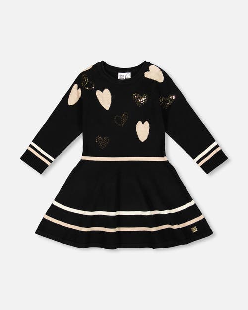 Deux Par Deux Kids' Knit Dress With Glittery Heart Motifs In Black