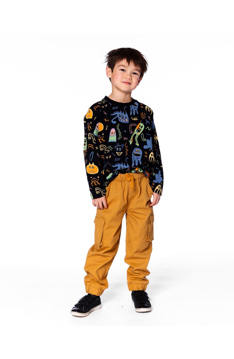 Deux par Deux Long Sleeve Organic Cotton Allover Monsters Tee, Main, color, Black