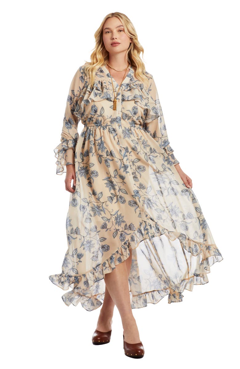 June + Vie Ruffle Detail Maxi Shirt Dress, Main, color, Spring Floral