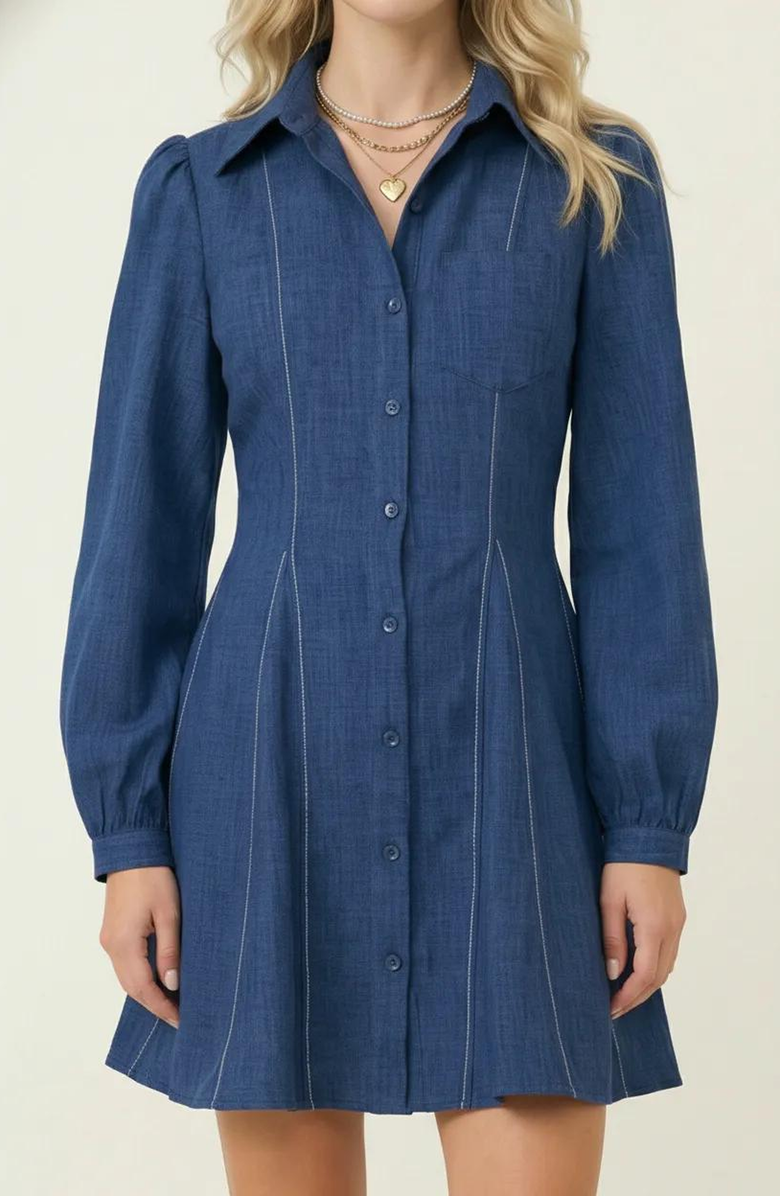 Modenaire Long-Sleeve Denim Contrast-Stitching Flared-Hem Shirt Dress, Alternate, color, Blue