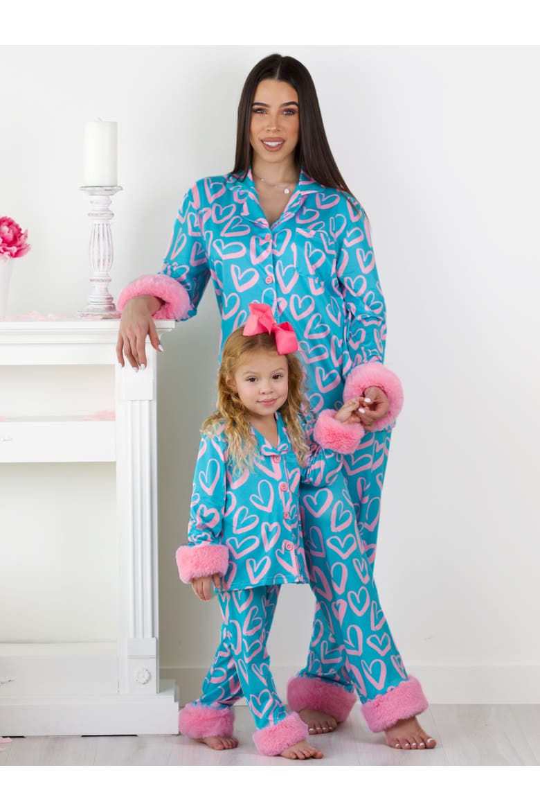 Mommy and Me Heart Furry Pajama Set, Alternate, color, Blue-Green